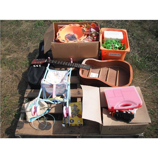 pallet lot - kids toys, partial guitar, etc.