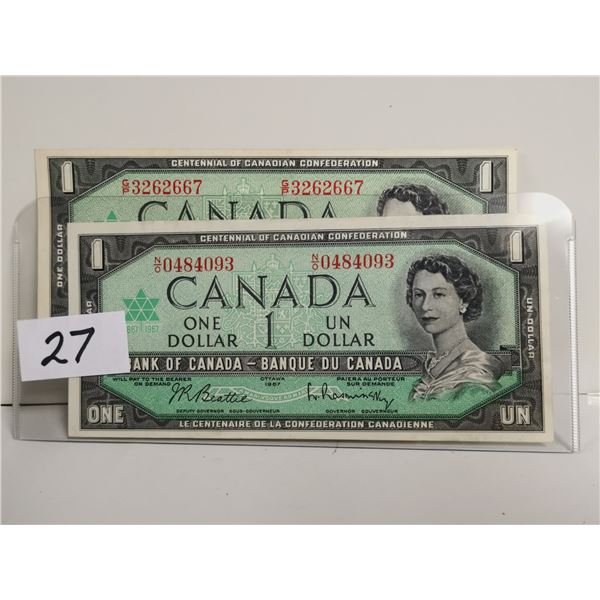 Two UNC 1967 Ser # $1 Bills