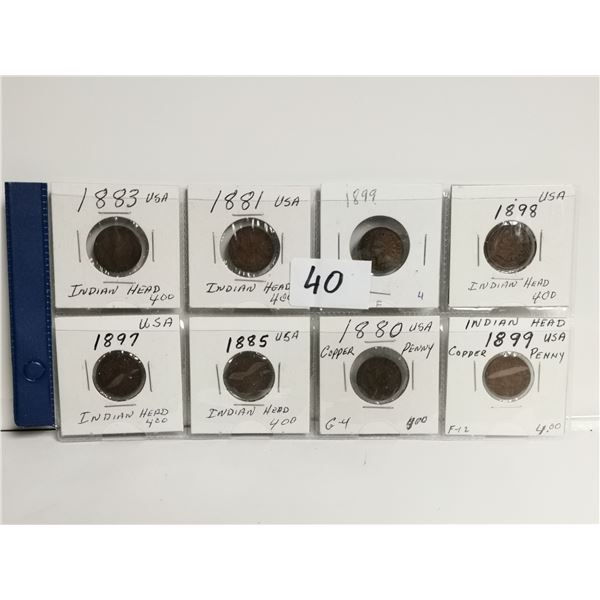 8 U.S. Indian Head Pennies, all from the 1800's