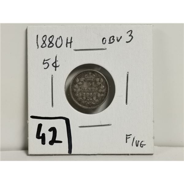 1880H OBV3 5 cent coin, silver F/VG