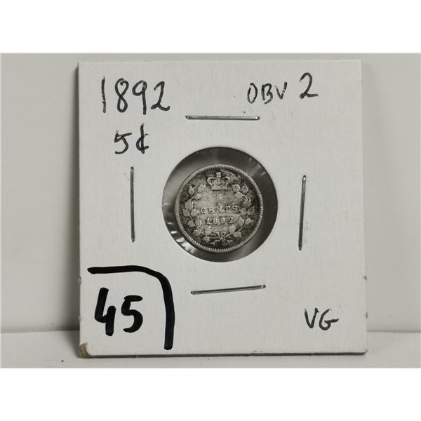1892 Obv 2 Silver 5 cent Coin