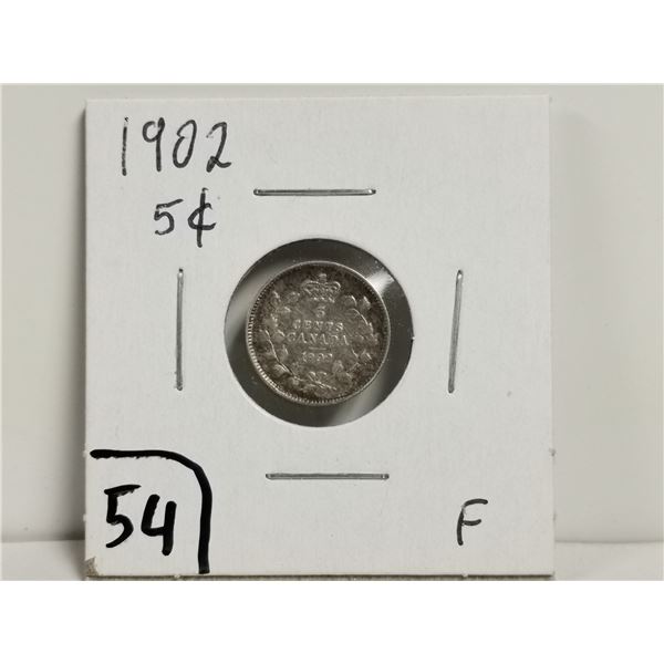 1902 Silver 5 Cent coin, F