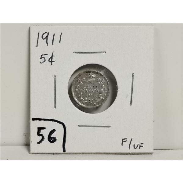1911 Silver 5 cent coin, VF