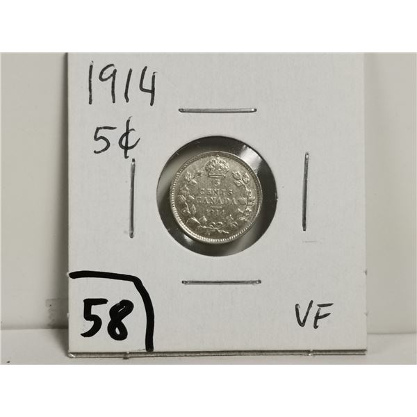 1914 VF Silver 5 cent coin
