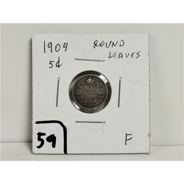 1909 Round Leaves Silver 5 cent coin