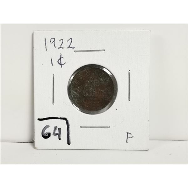 1922 Canadian 1 cent coin, F