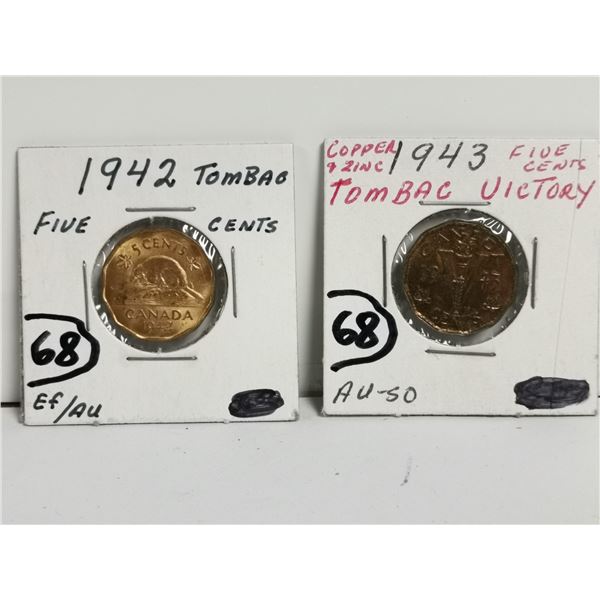 Two high grade 5 cents 1942, 1943 Tombacs