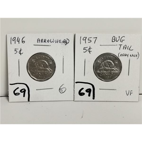 1946 Arrowhead, 1957 Bugtail 5 cents