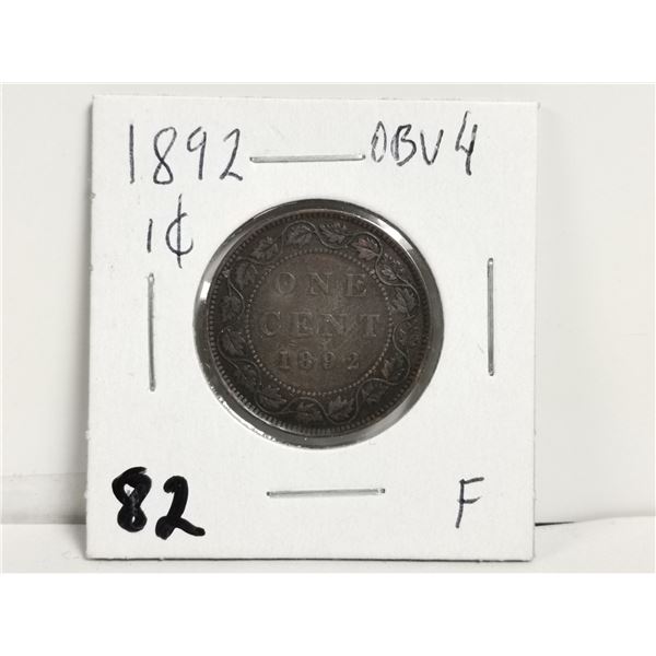 1892 OBV4 1 cent coin, F