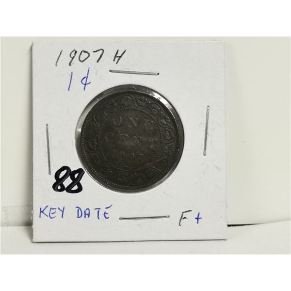 1907H Key Date 1 Cent Coin, F+