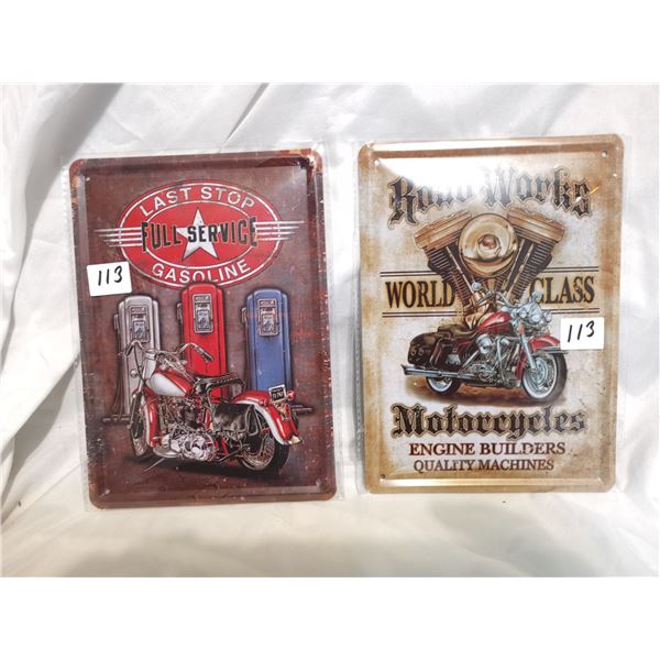 Two Motorcycle Tin Signs