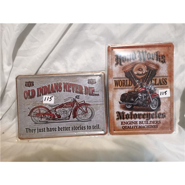 Two Motorcycle Tin Signs