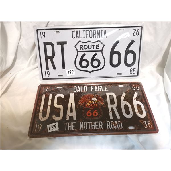 Two Route 66 Tin License Plates