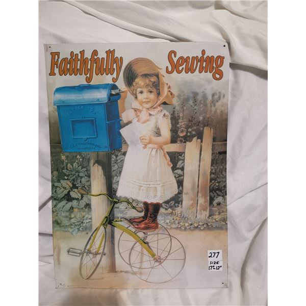 Faithfully Sewing Embossed Tin Sign, 12x17”