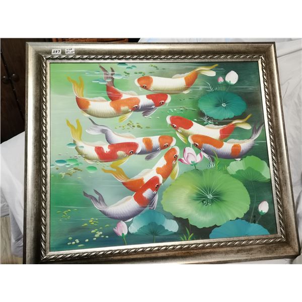 Framed Koi Fish Oil Painting, 25x29”
