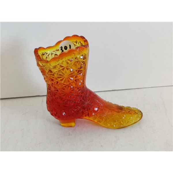 Fenton Amber Orange Glass Boot, 4”