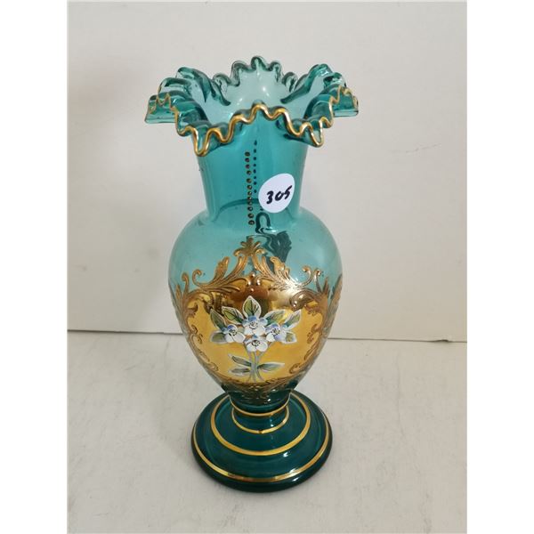Vintage Teal & Gold Enamel Ruffled Glass Vase