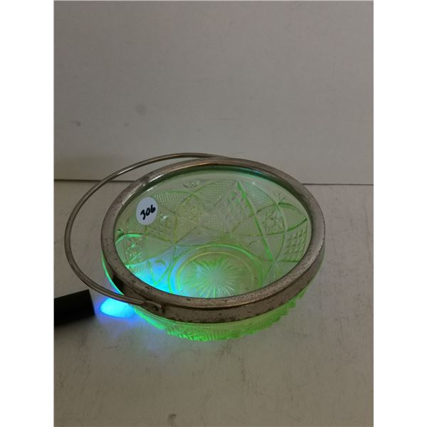 Uranium Glass Candy Dish w/ Handle, 5”