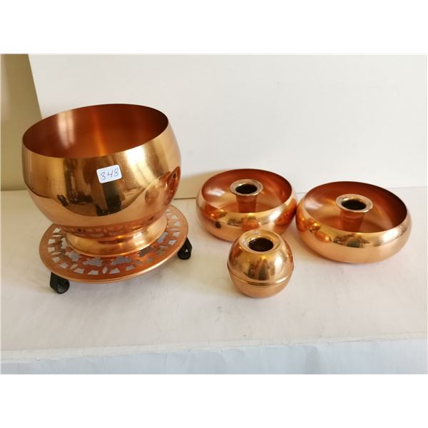 Copper Candle Holders, Copper Bowl & Tray