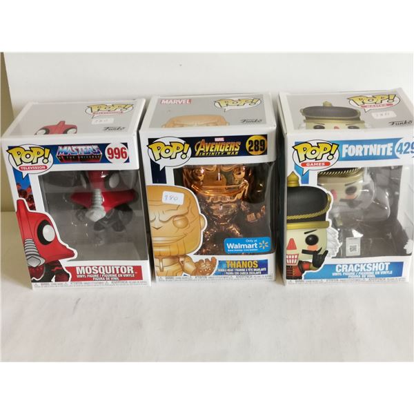 Mosquitor (MotU), Gold Chrome Thanos (Avengers), Crackshot (Fortnite) Funko Pop!