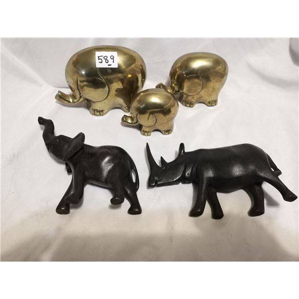 Three brass elephants + two wooden animals