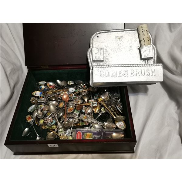 Collector spoon lot + tin antique comb brush holder