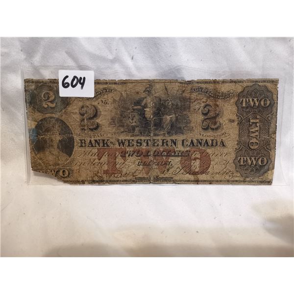 1859 Bank of Western Canada Rare $2 Bill