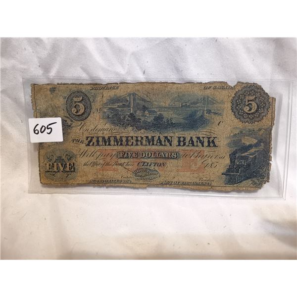 1859 Zimmerman Bank $5 Bill