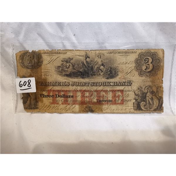 1849 Farmers Joint Stockbank $3 Bill