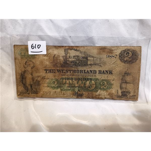 1861 Westmorland Bank $2 Bill