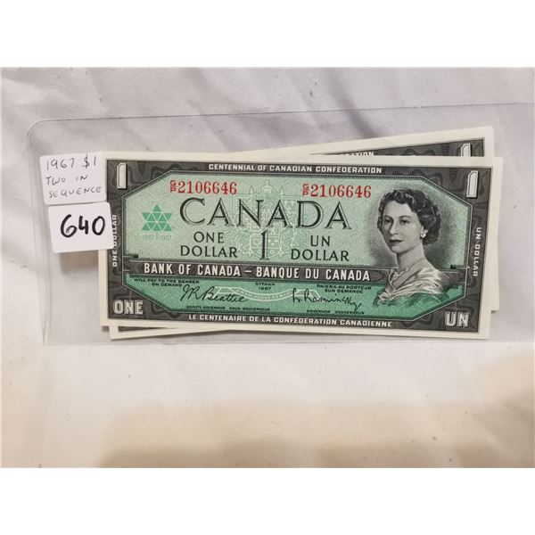 UNC Two 1967 $1 Bill with Serial Numbers in Sequence