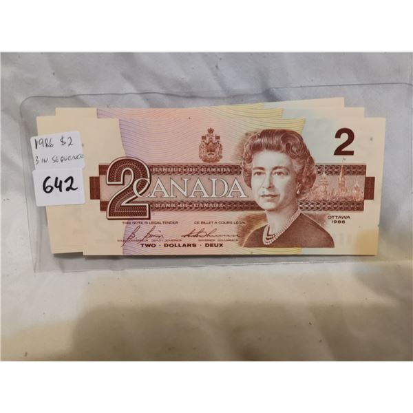 Three 1986 $2 Bills in Sequence