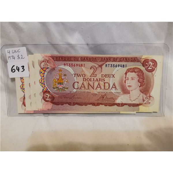 Four UNC 1974 $2 Bills