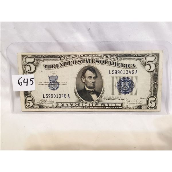 1934 U.S. $5 Bill, VF+