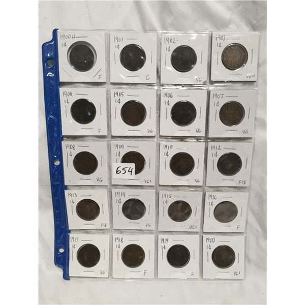 Lot of 20 Canadian 1 Cent Coins 1900-1920