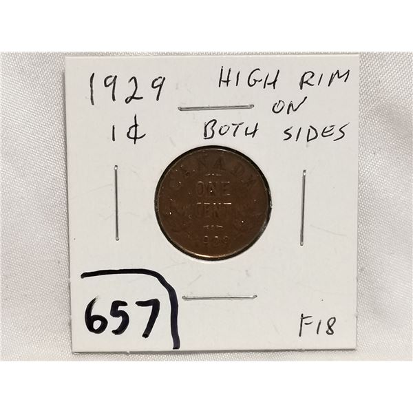 1929 1 Cent Coin, high rim on both sides