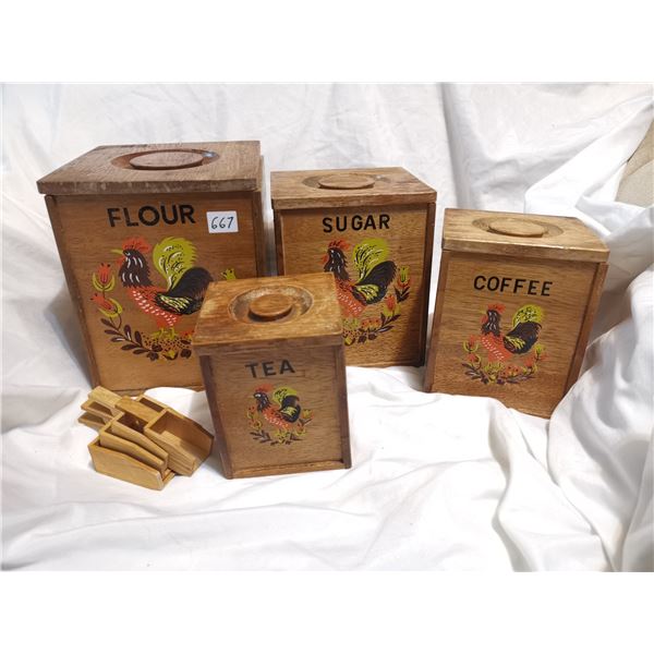 Wooden Rooster Canisters, Set of 4
