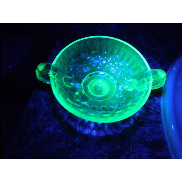 URANIUM GLASS TWO HANDLED SUGAR BOWL NO CHIPS OR CRACKS BEAUTIFUL GLOW