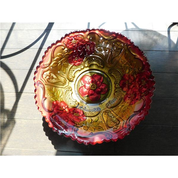 LARGE GOOFUS GLASS SERVING BOWL OVER 9” DIAMETER RED AND GOLD