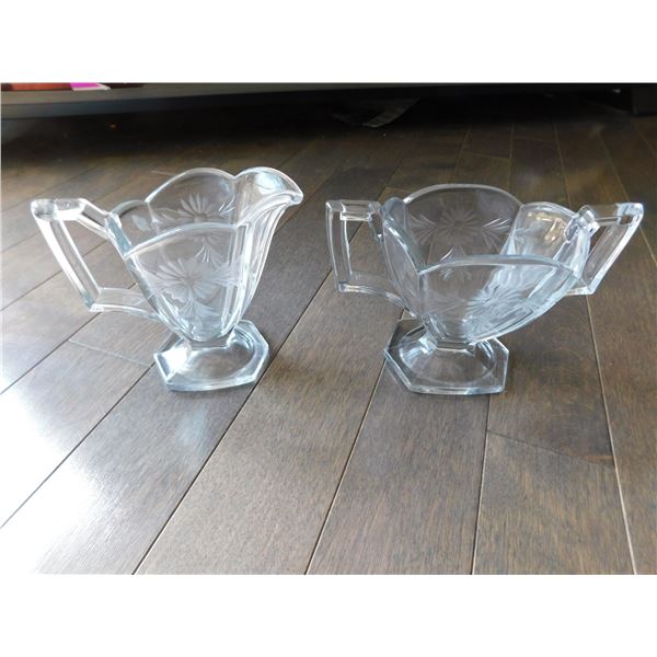 ART DECO, FLORAL ETCHED GLASS, CREAM AND SUGAR
