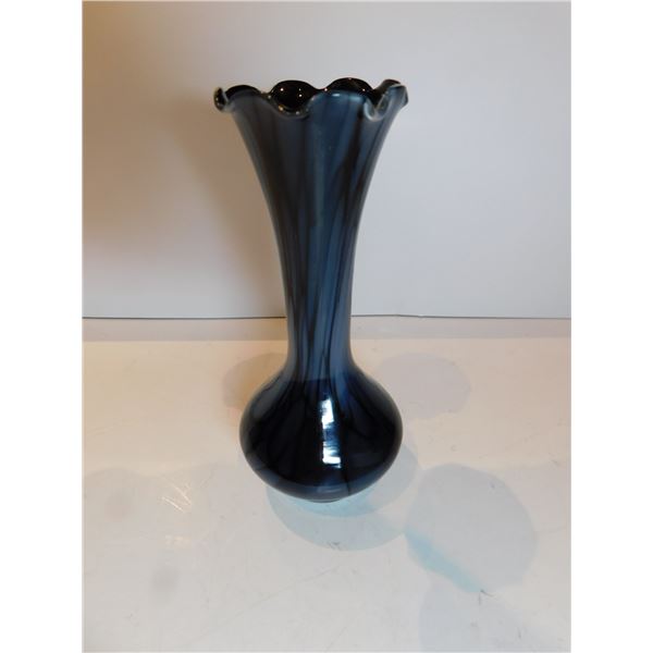 ART GLASS BLUE AND BLACK BUD VASE 6” TALL