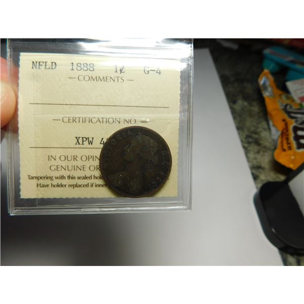 SCARCE KEY DATE NEWFOUNDLAND 1888 ONE CENT, ICCS CERT