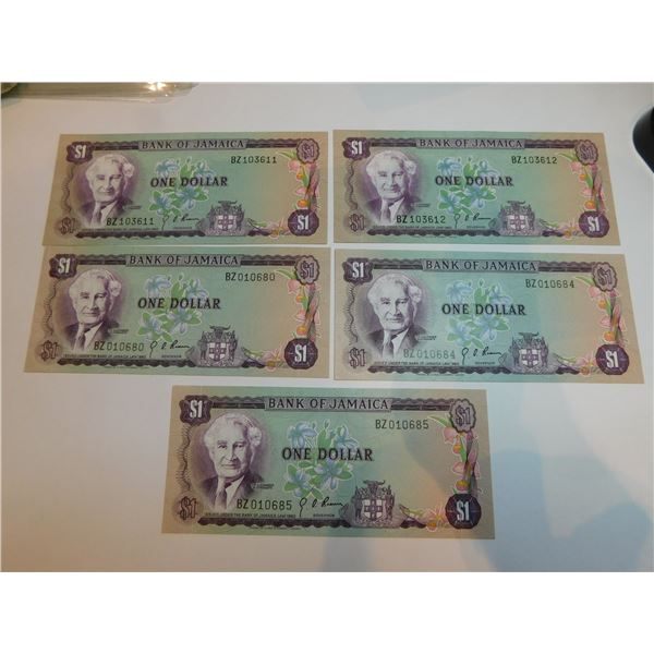 5 JAMAICAN BANK NOTES UNC