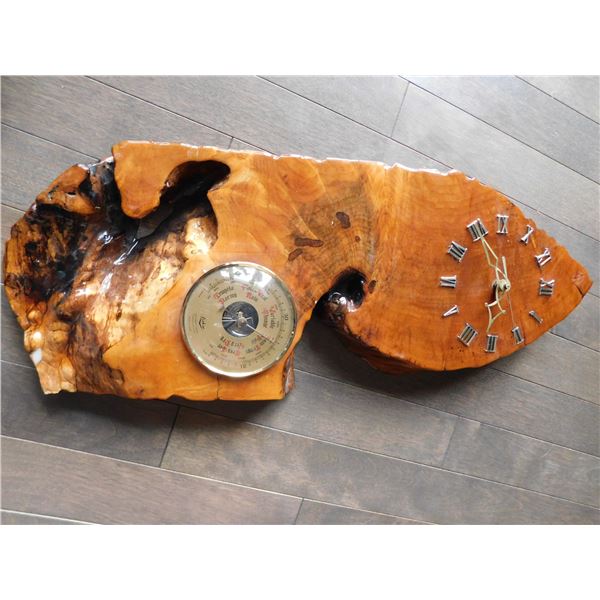 WOOD SLAB CLOCK WITH BAROMETER