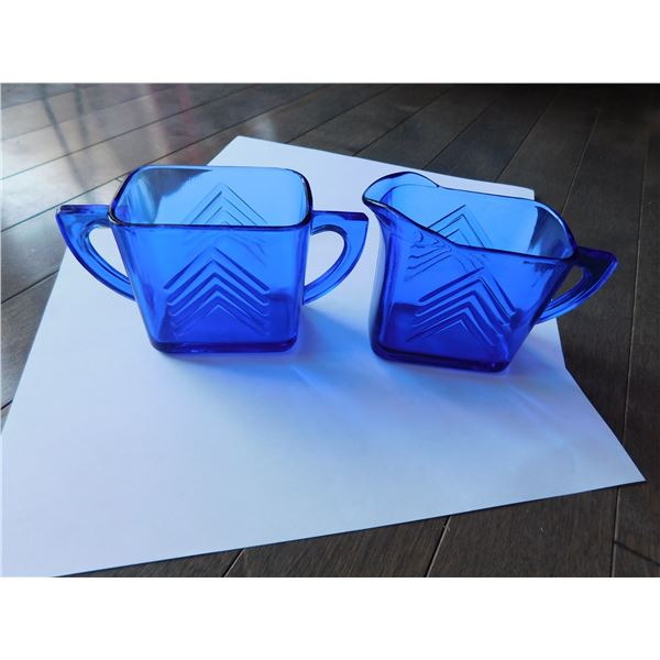 COBALT BLUE CHEVRON PATTERN CREAM AND SUGAR DEPRESSION GLASS