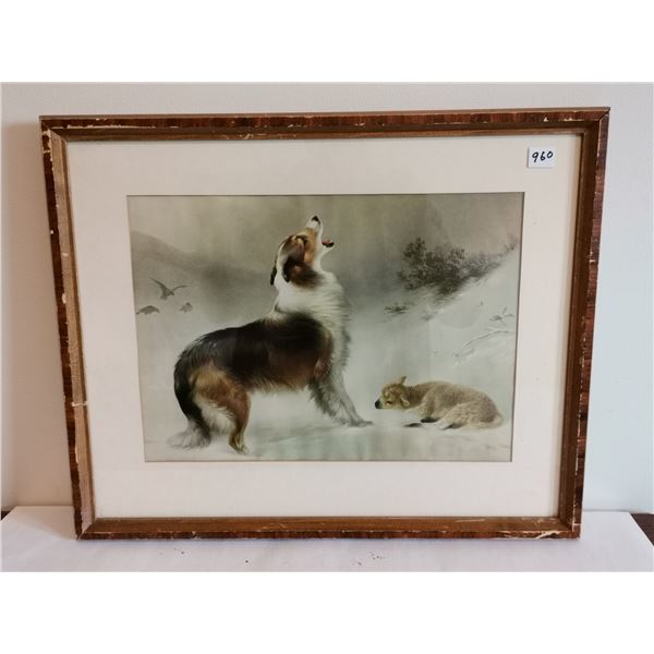 Framed Vintage Art Print of Collie and Lamb in Winter Landscape