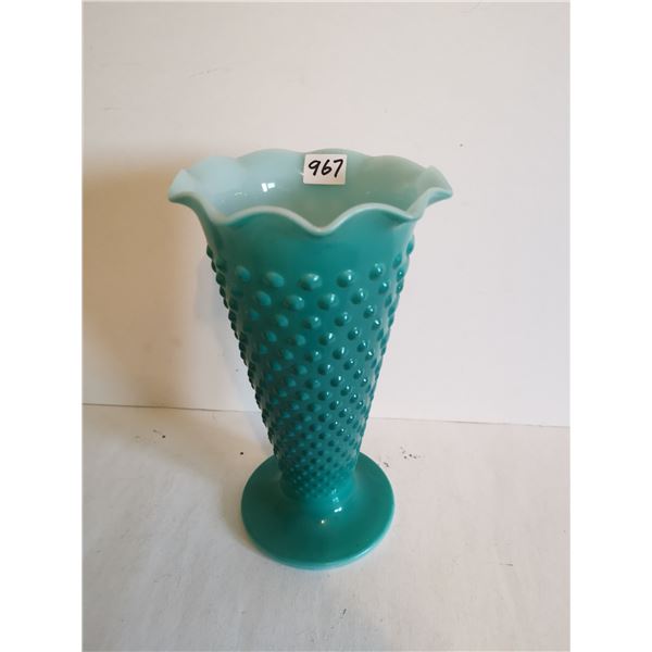 Vintage Teal Milk Glass Vase, 9.5” tall
