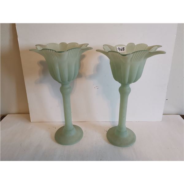 (2) Glass Flower Candle Holders, 11.5” tall