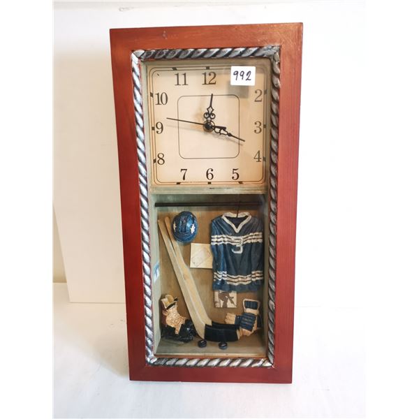 Vintage Hockey Themed Shadow Box Wall Clock, 7.5”x15.5”