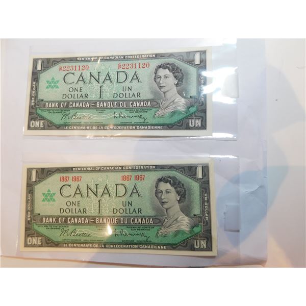 2-1967 ONE DOLLAR BILLS SERIAL AND DATE NUMBERS